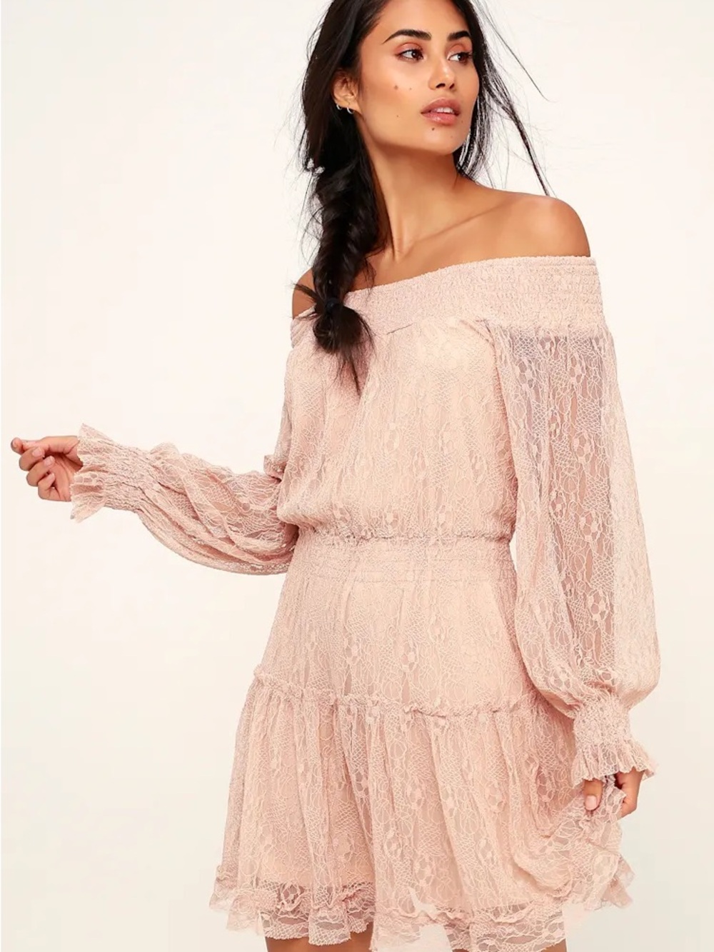 Just Me || Blush Pink Off-Shoulder Lace Long Sleeve Mini Dress